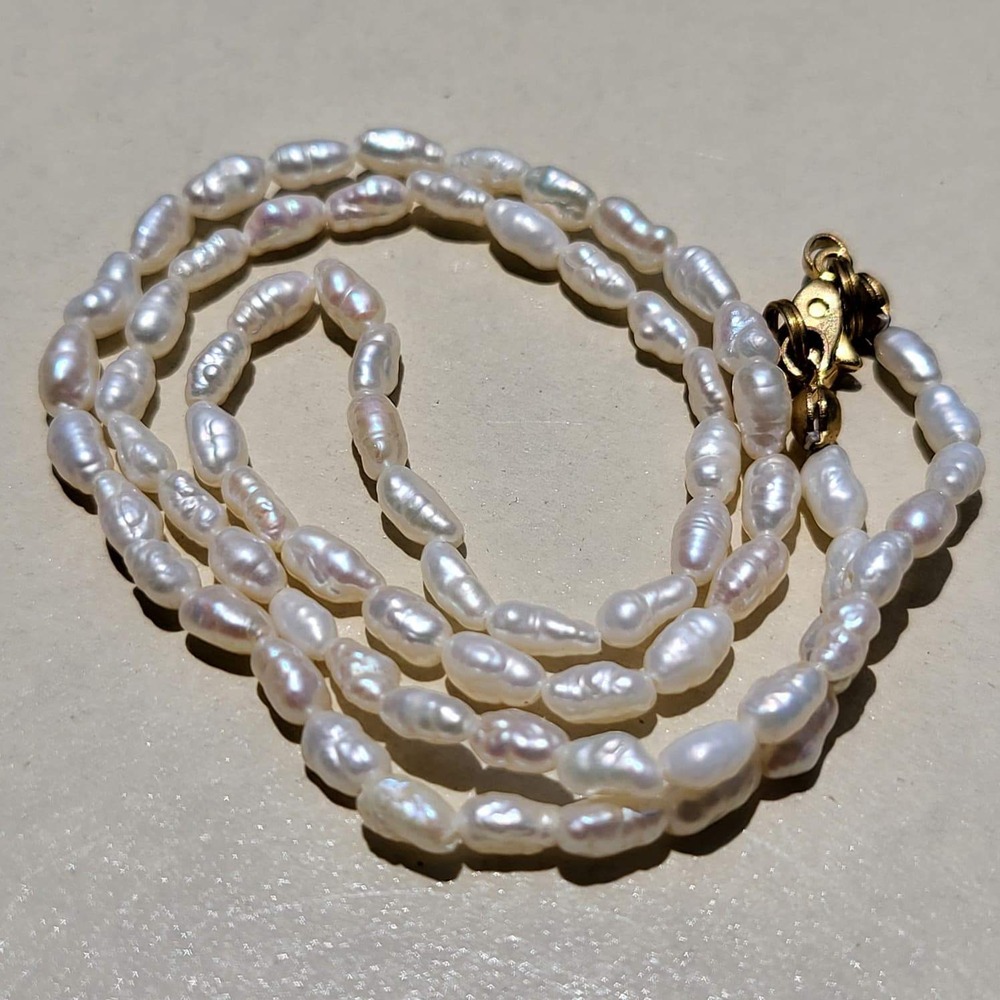 Vintage Freshwater Pearl Necklace White Gold Tone Rice Pearl Strand